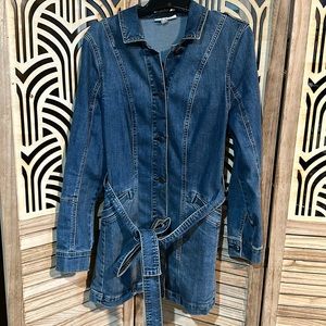 Long denim jacket with belt